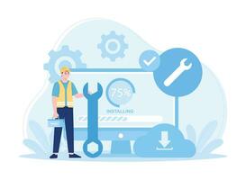 worker installing cloud database concept flat illustration vector