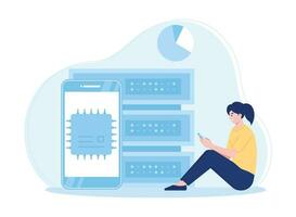 woman backing up database with cloud on mobile phone concept flat illustration vector