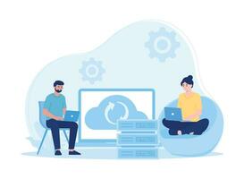 synchronization of cloud data storage on a laptop concept flat illustration vector