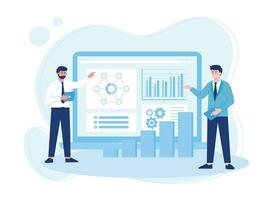 two businessman showing graph. stock financial trading market diagram. concept flat illustration vector