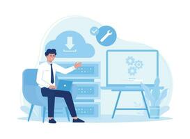 man with laptop installing cloud database concept flat illustration vector