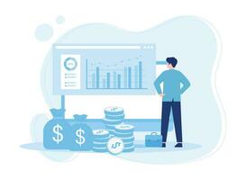 man looking at company analysis data screen concept flat illustration vector