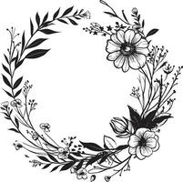 Clean Black Vector Wreath Hand Drawn Logo Icon Whimsical Wedding Flower Elegant Black Emblem