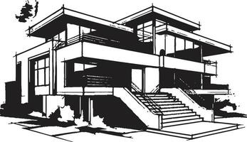 Contemporary Urban Villa Sketch Bold Black Outline Vector Modern Cityline Abode Villa Icon in Black Outline