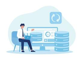 man with laptop synchronizing storage on website concept flat illustration vector