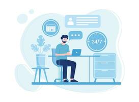 customer service worker sitting in front of laptop. call center operator  customer support  communication concept concept flat illustration vector