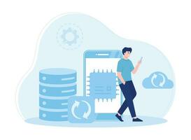 hombre apoyo arriba base de datos con nube en móvil teléfono concepto plano ilustración vector