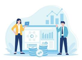 business team analysis and monitoring on web report dashboard monitor concept flat illustration vector