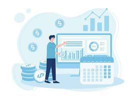 analysts prepare monthly reports. calendar chart concept flat illustration vector