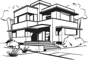 Urban Villa Sketch Modern City House in Crisp Black Lines Chic Cityscape Living Villa Vector Outline in Bold Black