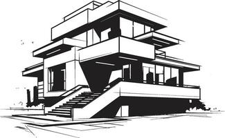 Stylish Cityscape Living Villa Icon in Sharp Black Outline Trendy Urban Villa Villa Outline in Bold Black Lines vector