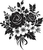 intrincado pétalo conjunto decorativo negro vector emblema caprichoso flor ramo de flores negro icono diseño