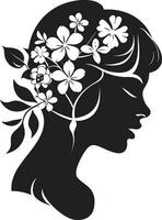 minimalista floral resplandor negro mujer icono sofisticado floración aura hecho a mano emblema vector