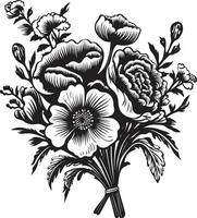 elegante pétalo racimo decorativo negro logo intrincado florecer conjunto negro ramo de flores icono vector