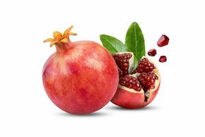 Pomegranate whole and half with flying beads isolated on white background photo