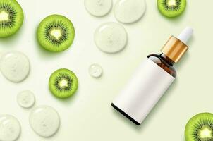 Green kiwi drops of gel and serum with droplet bottle. Cleansing facial scrub, serum, shower gel or liquid soap drops. photo