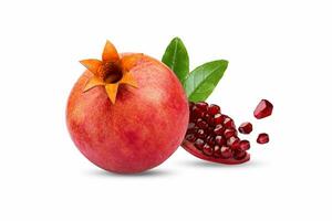 Fresh whole pomegranate with flying beads isolated on white background photo