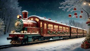AI generated vintage style train adorned in Christmas decorations photo