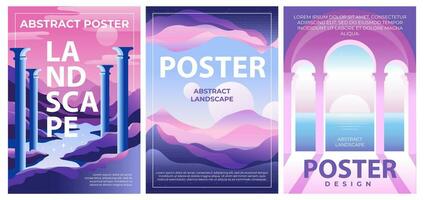 A set of abstract landscape poster in retrofuturism style. Retro wave and cyberpunk. Template design for Y2k events. Purple and pink cover vector