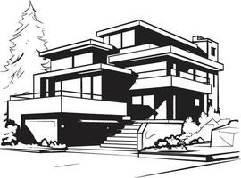 Chic Cityline Living Villa Vector Outline in Urban Flair Sleek Urban Mansion Sketch Modern City Villa in Black Outline