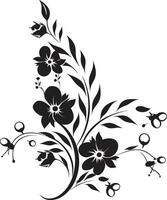 Whimsical Floral Ornament Black Iconic Design Element Intricate Noir Blossoms Hand Drawn Vector Emblem