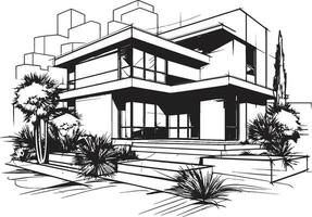 Contemporary Cityline Villa Villa Outline in Bold Black Lines Urban Villa Sketch Sleek City House in Crisp Black vector