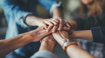 AI generated Teamwork and Collaboration, Colleagues Putting Hands Together in Office photo