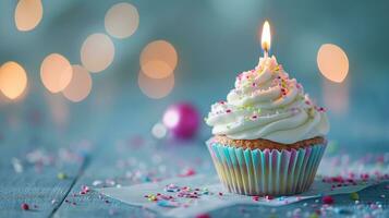 AI generated Birthday Cupcake with Candle on Blue Pastel Background photo