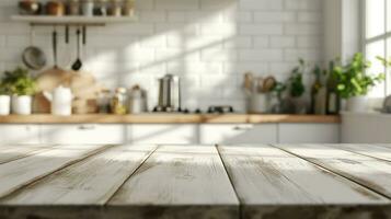 ai generado moderno blanco cocina encimera, vacío espacio, minimalista diseño foto