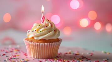 ai generado cumpleaños magdalena con vela en rosado pastel antecedentes foto