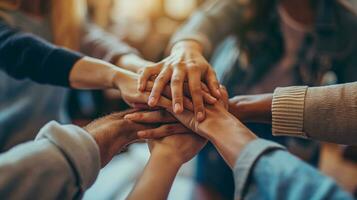 AI generated Teamwork and Collaboration, Colleagues Putting Hands Together in Office photo