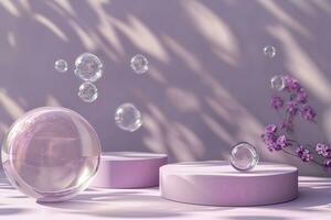 AI generated Purple Podium Stage with Soap Bubbles , Aesthetic Product Showcase photo