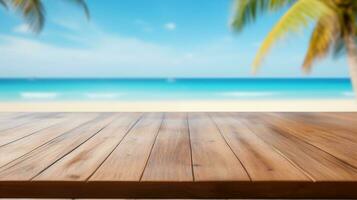 AI generated Tropical Beach Paradise on White Wooden Table , Summer Background photo