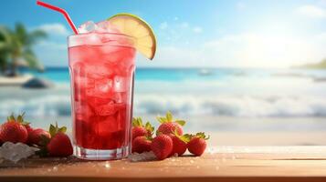 AI generated Strawberry cocktail illustration beach background with copy space for text photo