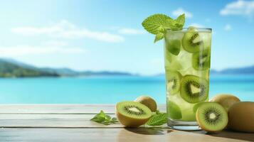 AI generated Kiwi cocktail illustration beach background with copy space for text photo