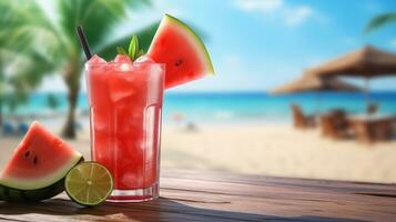 AI generated Watermelon cocktail illustration beach background with copy space for text photo