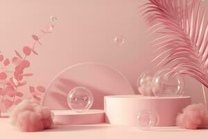 AI generated Elegant Pink Podium Stage with Falling Soap Bubbles for Brand Showcase photo