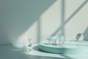 AI generated Minimalist Product Presentation , Blank Podium with Falling Soap Bubbles photo