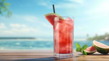 AI generated Watermelon cocktail illustration beach background with copy space for text photo