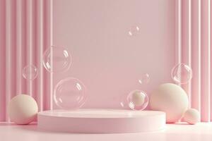 AI generated Elegant Pink Podium Stage with Falling Soap Bubbles for Brand Showcase photo