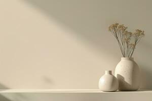 AI generated 3d rendering vase with plant on beige table with shadow on wall photo