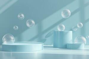 AI generated Minimalist Product Presentation , Blank Podium with Falling Soap Bubbles photo