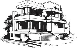 Tres historia serenidad icono de arquitectónico encanto en vector Arte tríptico cenit emblema de residencial opulencia en vector diseño