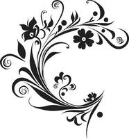 Dynamic Noir Blooms Black Vector Logo Element Intricate Floral Sketches Hand Rendered Iconic Emblem