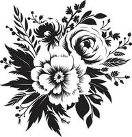 Whimsical Petal Posy Decorative Black Icon Enchanted Bloom Ensemble Black Floral Logo Design vector