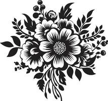 Vintage Bloom Ensemble Decorative Black Emblem Sculpted Flower Medley Black Vector Bouquet