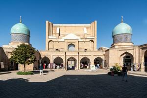 Tashkent, Uzbekistan-august 11, 2023-view of the entrance of the Tillya Sheikh Mosque  during a sunny day.The complex is a square that includes a set of religious buildings in Tashkent photo