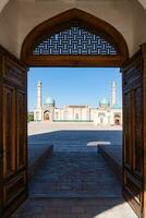 Tashkent, Uzbekistan-august 11, 2023-view of the entrance of the Tillya Sheikh Mosque  during a sunny day.The complex is a square that includes a set of religious buildings in Tashkent photo
