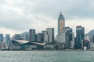 Hong Kong,March 27, 2019-View of the Hong Kong skyscrapers from the ferrie crossing the Victoria Harbour during a cloudy day photo