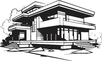 Cityline Villa Silhouette Black Outline Vector of Urban Living Chic Cityscape Villa Sleek City House Icon in Bold Black Outline